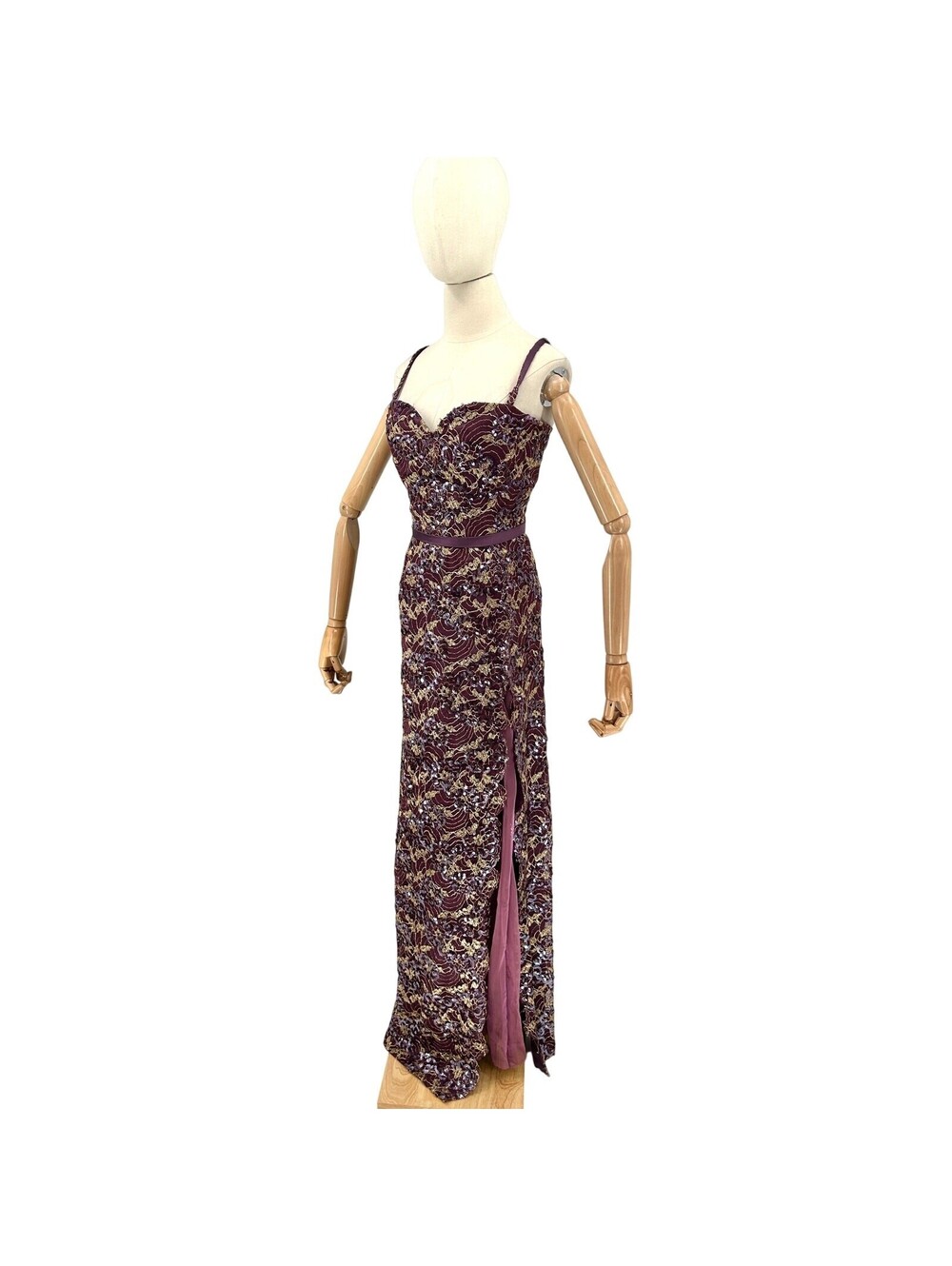 Vintage 90s Tosca New York Purple Gold Lace Silk Sequin Gown